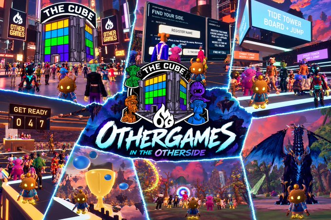 A collage of promotional screenshots for 'OtherGames: In the Otherside,' showcasing a virtual hub called 'The Cube' with various mini-games and activities featuring cartoon avatars.