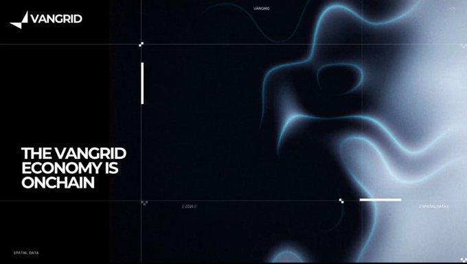 Dark promotional graphic with the VANGRID logo and the bold text "THE VANGRID ECONOMY IS ONCHAIN" alongside abstract blue smoky graphics and technical UI elements.