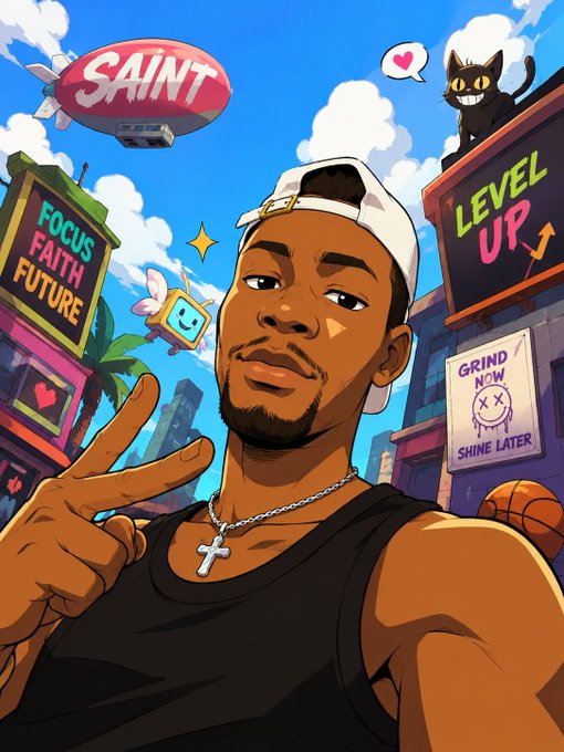 A cartoon-style illustration of a young man wearing a backwards cap and cross necklace making a peace sign, surrounded by signs reading 'SAINT', 'FOCUS FAITH FUTURE', 'LEVEL UP', and 'GRIND NOW SHINE LATER', along with a cat and floating video game elements.