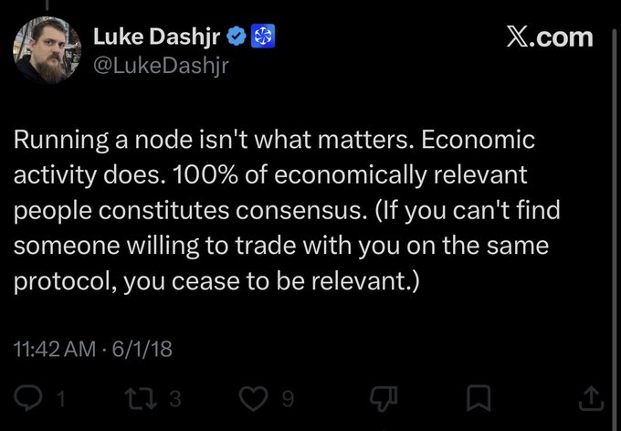 A tweet from Luke Dashjr (@LukeDashjr) dated 6/1/18 stating: 'Running a node isn't what matters. Economic activity does. 100% of economically relevant people constitutes consensus.'
