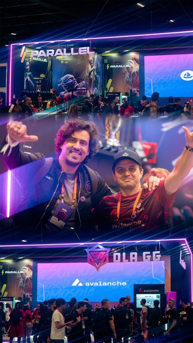 A three-panel collage from a gaming/esports event showing 'PARALLEL ARCADE' branding, two attendees posing with arms raised, and an 'OLA GG' stage display featuring the Avalanche logo.