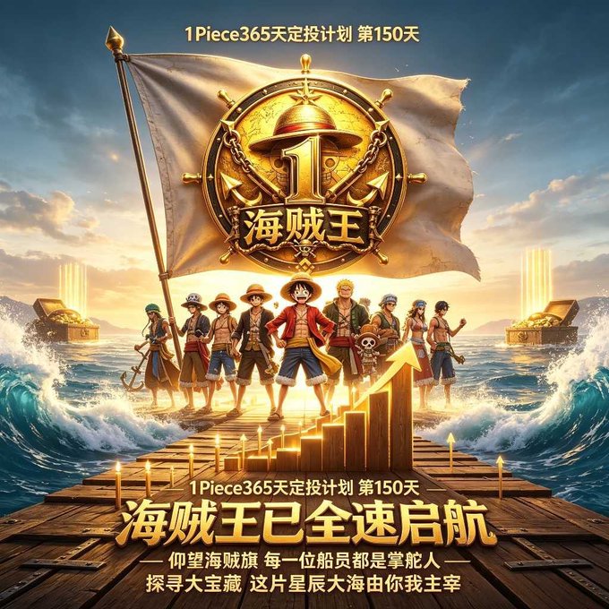 A One Piece themed promotional image featuring the Straw Hat crew on a ship, with a '1 海贼王' coin emblem and Chinese text '1Piece365天定投计划 第150天' and '海贼王已全速启航' (1Piece 365-day investment plan Day 150, Pirate King has set sail at full speed).