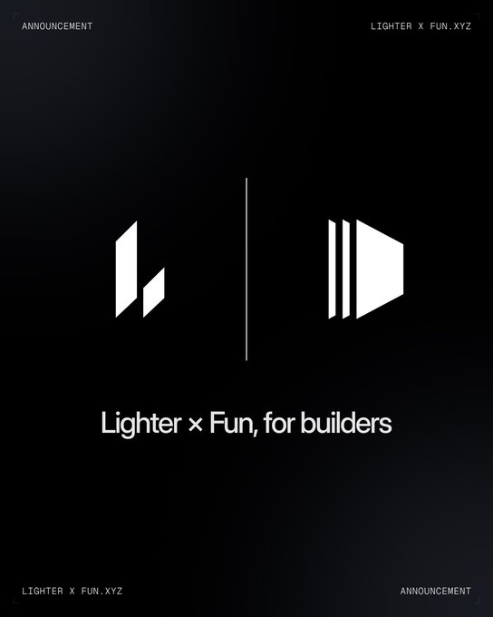 A minimalist black announcement graphic featuring the white "Lighter" and "Fun" logos separated by a vertical line, with the headline "Lighter x Fun, for builders" and corner labels reading "ANNOUNCEMENT" and "LIGHTER X FUN.XYZ." The design visually reinforces the partnership announcement by showcasing both brands' identities side-by-side, matching the post's message about builder-friendly integration via Fun's Universal Deposit Address.