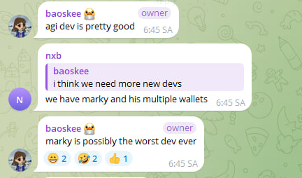 A Telegram chat screenshot showing a conversation where 'baoskee' (owner) says 'agi dev is pretty good' and 'marky is possibly the worst dev ever', while 'nxb' responds 'i think we need more new devs'.
