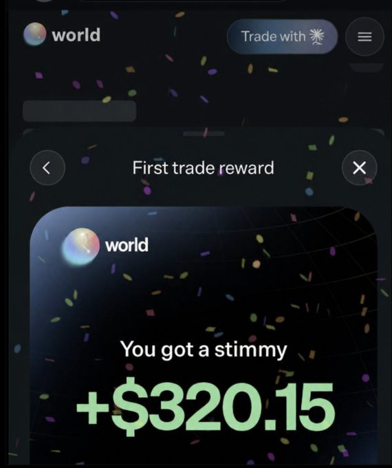 A mobile app screen for "world" showing a "First trade reward" with confetti graphics and text reading "You got a stimmy +$320.15" in green.