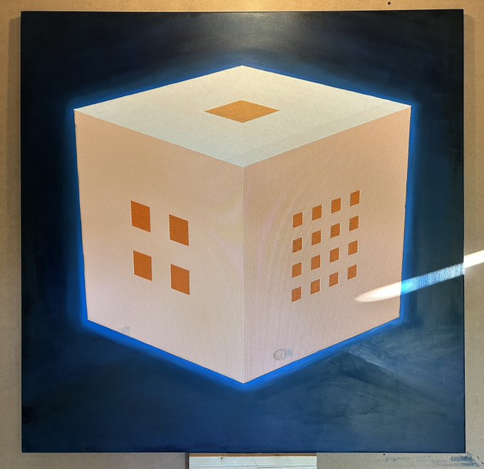 A painting on canvas depicting a stylized, isometric white cube with orange square windows and a blue glowing outline against a dark background.