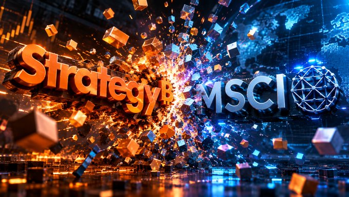 Dynamic graphic showing the word 'Strategy' colliding with 'MSCI' logo against a backdrop of cubes and a digital globe.