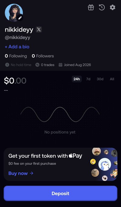 The image shows a trading platform profile for "nikkideyy" (@nikkideyy) with a $0.00 balance, zero trades, and a "No positions yet" message, suggesting a fresh or inactive account. This aligns with the post about returning to "the trenches" and seeking alpha at @fomo, as the empty portfolio implies the user is just getting started and looking for guidance on where to begin.