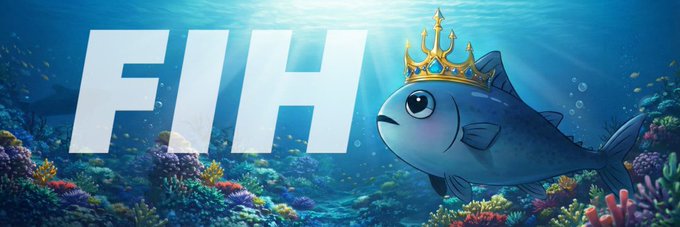 The image features a cartoon fish wearing a crown, swimming among colorful coral reefs and other sea creatures. The text "FIH" is written above the fish's head, indicating that this is part of an advertisement or promotional material related to FinTech or cryptocurrency. The fish appears to be in a virtual underwater environment, surrounded by various marine life elements such as coral reefs and other sea creatures.