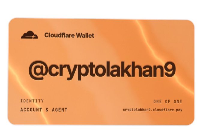 A digital Cloudflare Wallet card displaying the handle "@cryptolakhan9" with an orange wavy background, showing "Account & Agent" identity and the URL "cryptolakhan9.cloudflare.pay," illustrating the new username reservation feature for the AI and Web3 ecosystem.