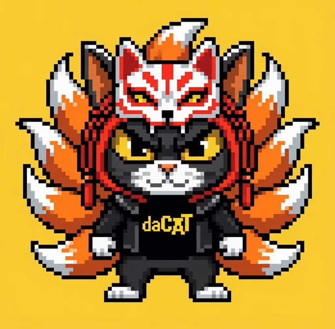 A pixel art illustration of a black cat wearing a fox mask and a black shirt with 'daCAT' written in yellow, set against a yellow background with multiple fox tails.