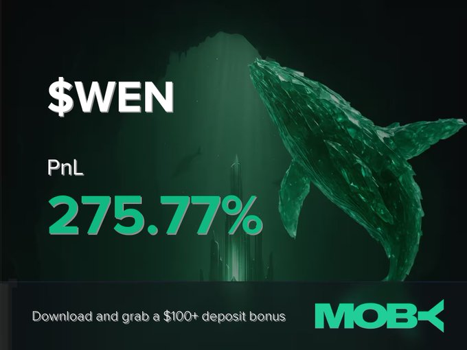 The image features a green whale-like creature, possibly a mermaid or sea serpent, that has been used as an element of a trading advertisement. The text on the advertisement indicates that a trader has closed a position for $WEN with a PnL of +275.77%. Additionally, the advertisement highlights the popularity and trendiness of the trading platform at $102.76K MC.