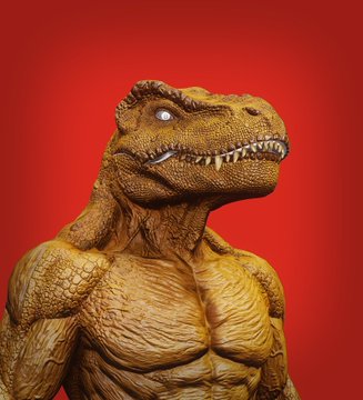 A 3D-rendered, muscular reptilian creature with tan/brown skin and sharp teeth poses against a solid red background.