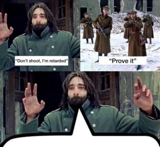 This meme uses a scene from "The Pianist" with the text "Don't shoot, I'm retarded" and "Prove it." It humorously relates to the "Hyperliquid" post by implying the difficulty of proving one's intelligence or competence in a high-pressure, speculative environment.