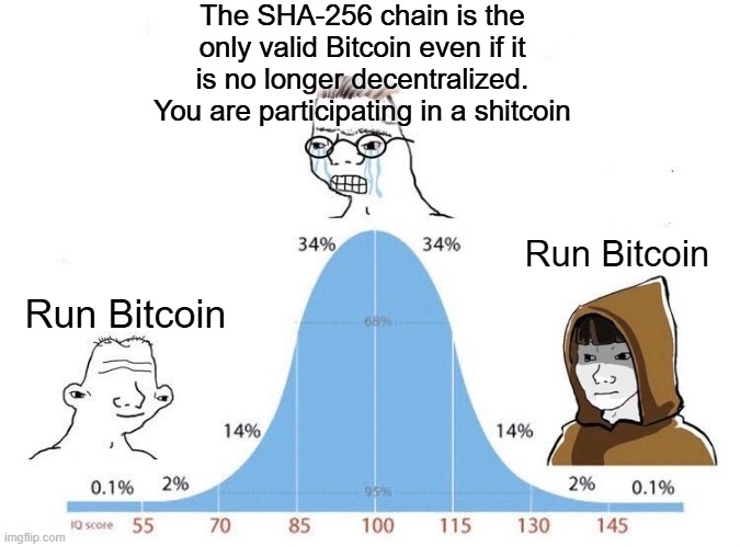 The image is a bell-curve meme about Bitcoin's SHA-256 chain, labeled "IQ score," with crying "soyjak" figures on both extremes urging to "Run Bitcoin," while a smug "chad" figure in a hoodie at the center (100 IQ) declares the SHA-256 chain remains the only valid Bitcoin even if no longer decentralized, implying those holding the post's version "Bitcoin Knots" are participating in a "shitcoin."