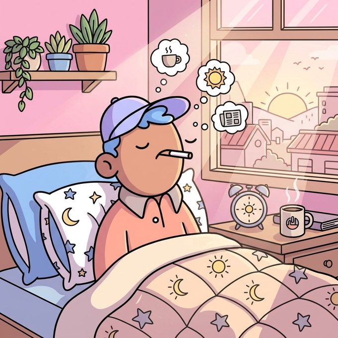 A cute cartoon illustration of a sick child in bed with a thermometer in their mouth, dreaming thought bubbles showing coffee, sunshine, and news, with a hot drink and clock on the bedside table beside a sunny window view.