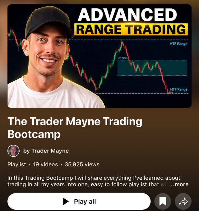 A YouTube playlist thumbnail for 'The Trader Mayne Trading Bootcamp' by Trader Mayne, titled 'Advanced Range Trading', featuring a smiling man in a black cap and white shirt with a candlestick chart showing HTF and LTF ranges in the background.
