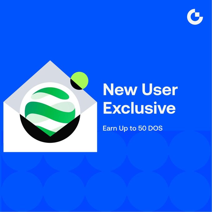 A promotional graphic on a blue background features an envelope icon with a green circular logo and the text "New User Exclusive — Earn Up to 50 DOS," highlighting a four-step rewards program for new users offering up to 50 DOS tokens for completing deposits, trades, and referrals.