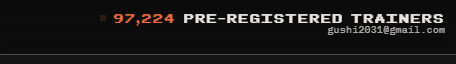 Text reading '97,224 PRE-REGISTERED TRAINERS' with an email address 'gush269848@gmail.com' below it on a dark background.