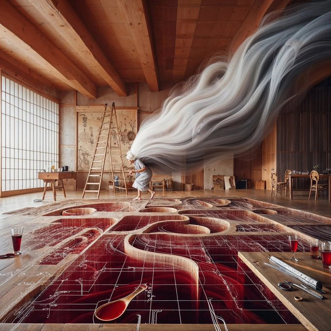 A surreal scene shows a person in a workshop exhaling a massive plume of white smoke that flows over a large floor mural depicting a red, anatomical map of a tongue and mouth.