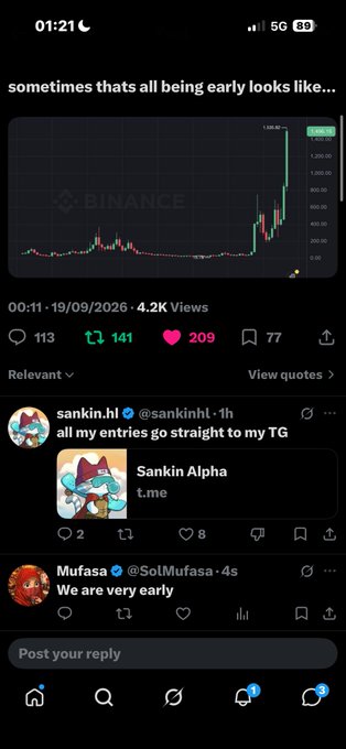 A Twitter/X post dated 11/09/2026 shows a Binance candlestick chart captioned 'sometimes thats all being early looks like...' with 4.2K views, along with replies from users @sankin.hi and @SolMufasa.