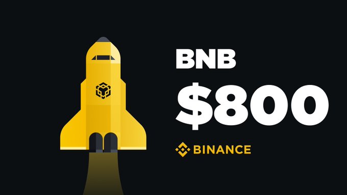 A graphic featuring a yellow rocket ship with the Binance logo alongside bold white text reading 'BNB $800' on a black background.
