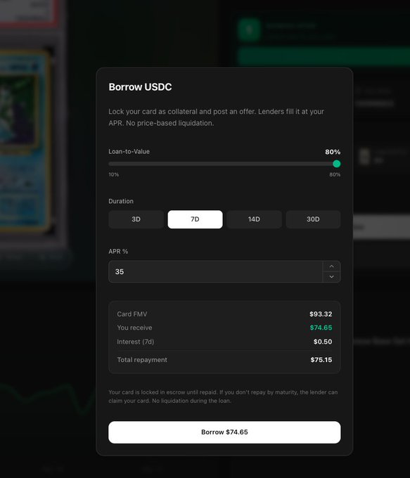 The image features a screen displaying a screenshot of a Paypal page for a site named "Borrow USDC". The main focus of the image is a page that reads "Borrow USDC", followed by a screenshot showing an item for trading cards, which has a price tag of $USDC. A green button next to the card with the price says "Borrow now", indicating this is a buy button on the website where users can easily lend money in exchange for trading cards. The image also contains text that reads: "What if you could borrow and lend $USDC on trading cards directly on @phygitals powered by jup Stay tuned this week".