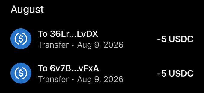 The image shows a crypto transaction history from August displaying two outgoing transfers of -5 USDC each, both dated Aug 9, 2026, sent to truncated addresses starting with "36Lr…LvDX" and "6v7B…vFxA." This visually confirms the sender's claim of sending USDC to wallet holders, including tagging users like @wanggyww3 in an apparent giveaway or contest.