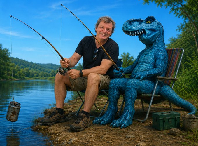 A man sits on a folding chair by a lake holding two fishing rods, next to a blue dinosaur costume character with a small bucket hanging in the water.
