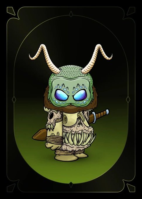 A digital illustration of a cute monster character wearing a green horned mask with blue eyes, dressed in a skeletal bone outfit and holding a sword against a dark green oval background.