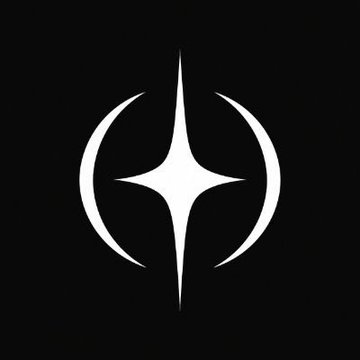A minimalist black and white logo featuring a four-pointed star enclosed within a circle with crescent-shaped cutouts on the sides.