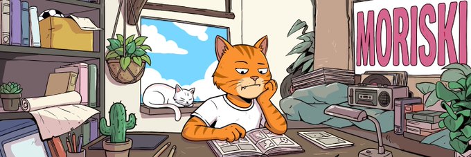 The image features a cartoon cat sitting at a desk, reading a book while wearing a white shirt with an orange stripe down the middle of its chest. The cat appears to be in a relaxed position as it enjoys some quiet time indoors. In front of the cat is a potted plant and a cactus, adding a touch of greenery to the scene. The background includes a window that lets in natural light, creating a cozy atmosphere for the cat's reading session.