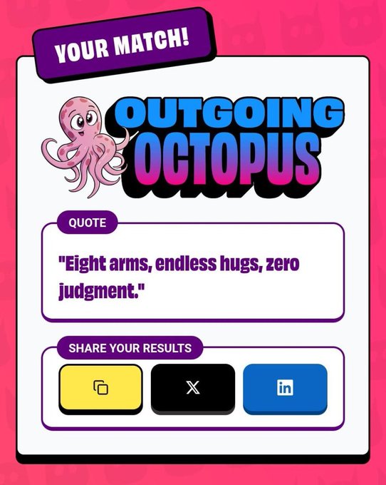 The image shows a quiz result card titled "YOUR MATCH!" featuring "OUTGOING OCTOPUS" with the quote "Eight arms, endless hugs, zero judgment," along with share buttons for copying, X, and LinkedIn. This relates to the post as the user is sharing their fun result from the VeeFriends quiz, playfully tagging Gary Vaynerchuk to show off their "Outgoing Octopus" personality match.