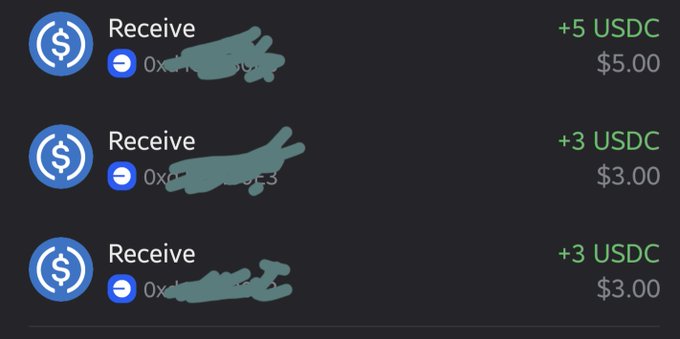 A transaction history showing three small USDC receives (+5, +3, and +3 USDC) with the sender addresses partially scribbled out, humorously illustrating the post's joke about accumulating tiny crypto earnings unlikely to fund a Lamborghini.