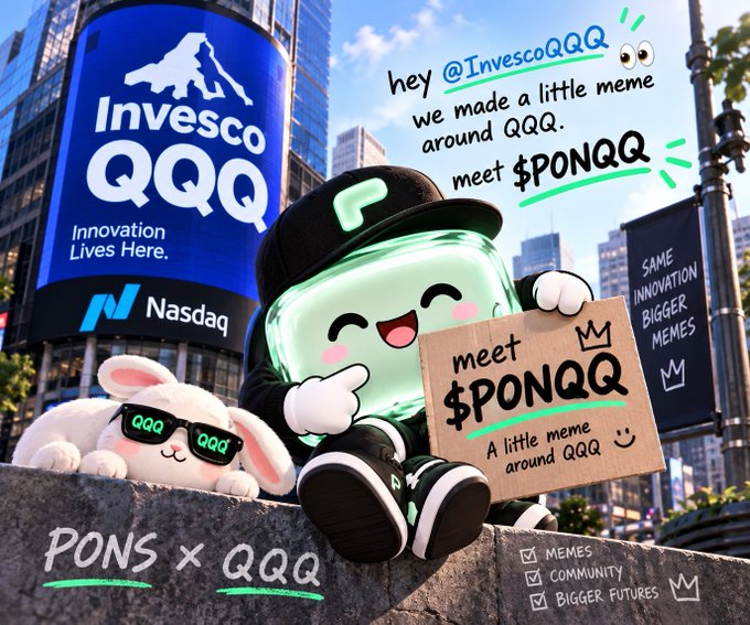 A promotional graphic featuring a cute mascot character wearing a 'P' cap and holding a cardboard sign reading 'meet $PONQ - a little meme around QQQ', accompanied by a bunny wearing QQQ sunglasses, with text addressing '@InvescoQQQ' and 'PONS x QQQ' branding.