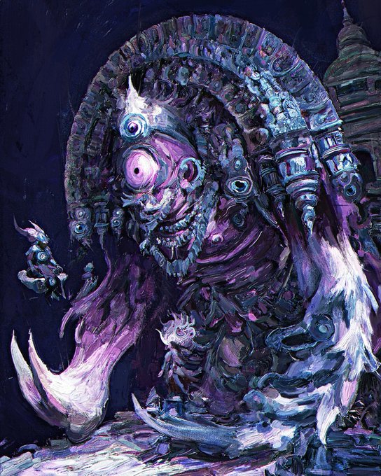 A dark fantasy painting depicting a grotesque, multi-eyed purple and blue monstrous creature with sharp teeth and glowing eyes, holding what appears to be smaller creatures in its claws, set against a shadowy temple-like background.