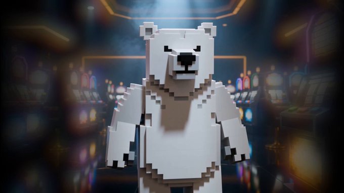 A pixelated white bear made of voxels stands illuminated in a smoky arcade setting.