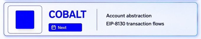 A navigation card with a blue square icon labeled 'COBALT' and 'Next' button, alongside the text 'Account abstraction' and 'EIP-8130 transaction flows'.