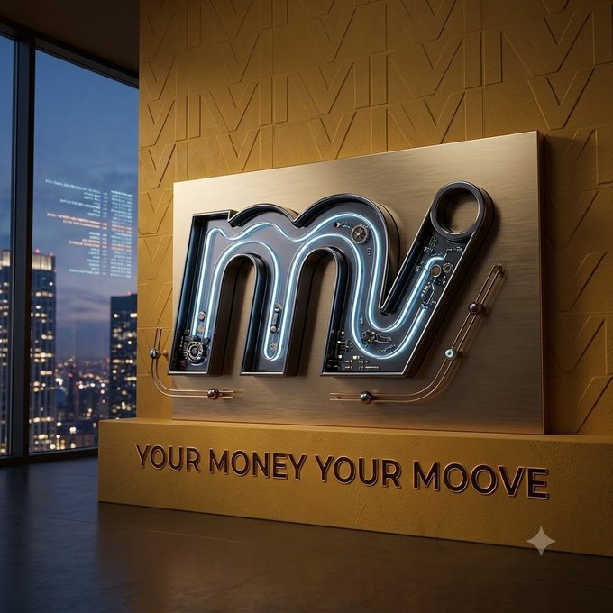 A futuristic neon sign with blue glowing tubing mounted on a metallic plate, displaying an abstract logo above the text 'YOUR MONEY YOUR MOOVE' in a high-rise interior overlooking a city at dusk.