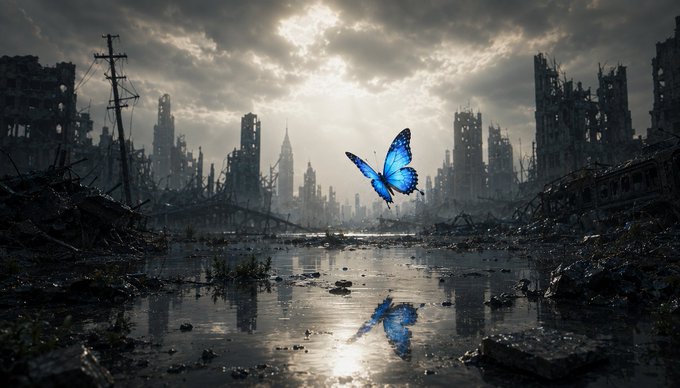The image features a butterfly flying over a cityscape with buildings, including a bridge that spans across the scene. The butterfly appears to be flying towards the bottom left corner of the frame, creating an interesting contrast between nature and urban development. The caption above the image reads "focus on what is in the image and how it relates to the post." This suggests that the viewer should pay attention to the details within the image and consider its context when interpreting the scene.