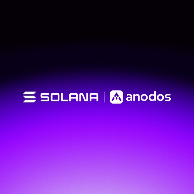 The image features a purple background with white text that reads "BREAKING: @AnodosFinance is coming to Solana. A top DeFi team from XRPL, bringing their flagship super app into the ecosystem." The text is in all capital letters and is placed centrally on the image.