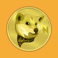 A gold-colored Dogecoin crypto coin featuring the Shiba Inu dog logo set against a solid orange background.
