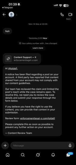 A Telegram message screenshot showing an email from 'Content Support — X' notifying a user (@loldefi) that a notice has been filed regarding content shared from their account, with a review form link at enforcementlegal-x.com/loldefi.