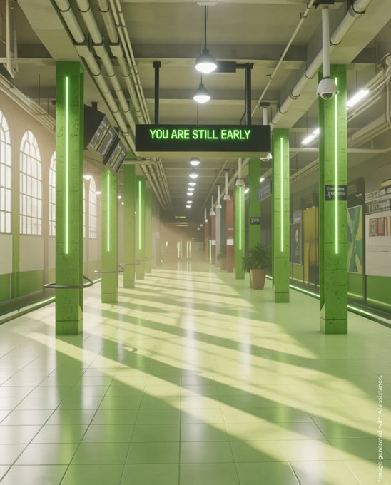 An AI-generated image of an empty subway station bathed in green light, featuring an LED sign that reads 'YOU ARE STILL EARLY' hanging from the rafters.
