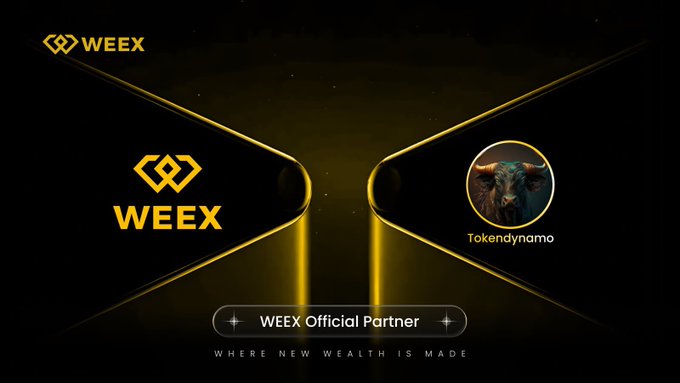 The image is a promotional graphic announcing a partnership, featuring a sleek black background with gold/yellow accents and symmetrical geometric shapes converging toward the center. The "WEEEX" logo appears in the top-left corner and prominently on the left side, while a circular profile image of a bull (symbolizing bullish markets) with the username "Tokendynamo" is displayed on the right. At the bottom, a banner reads "WEEX Official Partner" alongside the tagline "WHERE NEW WEALTH IS MADE," visually reinforcing the accompanying post's announcement of Tokendynamo becoming an official WEEX partner, complete with the registration link and hashtags.