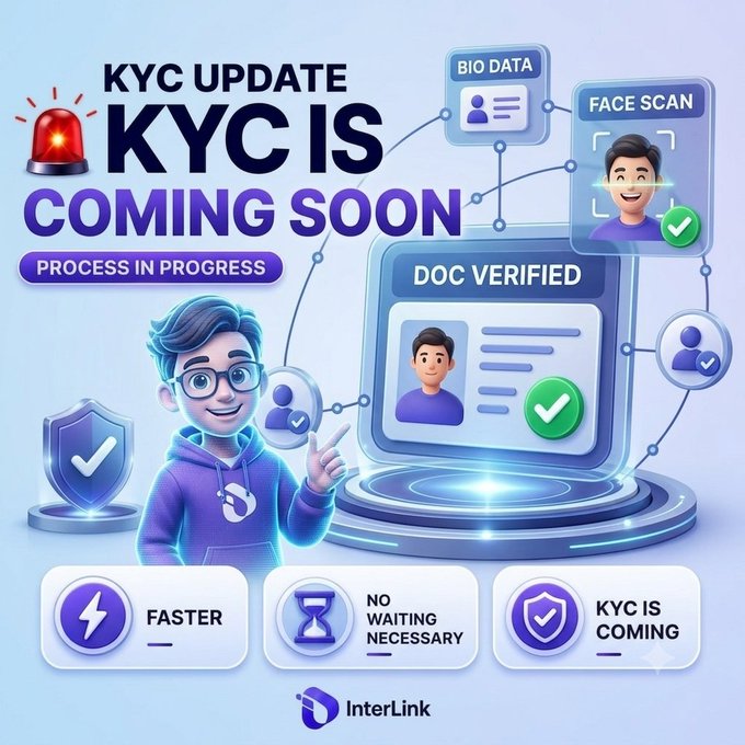 A digital graphic announcing 'KYC UPDATE: KYC IS COMING SOON - PROCESS IN PROGRESS' by InterLink, featuring a cartoon character and icons for face scan, bio data, and document verification.