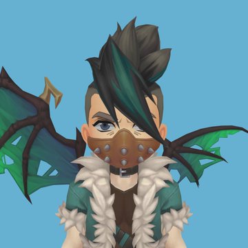 A 3D character portrait featuring a person with spiky teal and black hair, a studded face mask, a green outfit with white fur trim, and green bat-like wings against a light blue background.