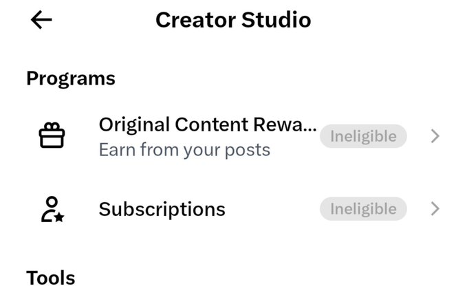 A screenshot of the TikTok 'Creator Studio' menu showing 'Programs' with 'Original Content Rewards' and 'Subscriptions' both marked 'Ineligible,' under a 'Tools' section.