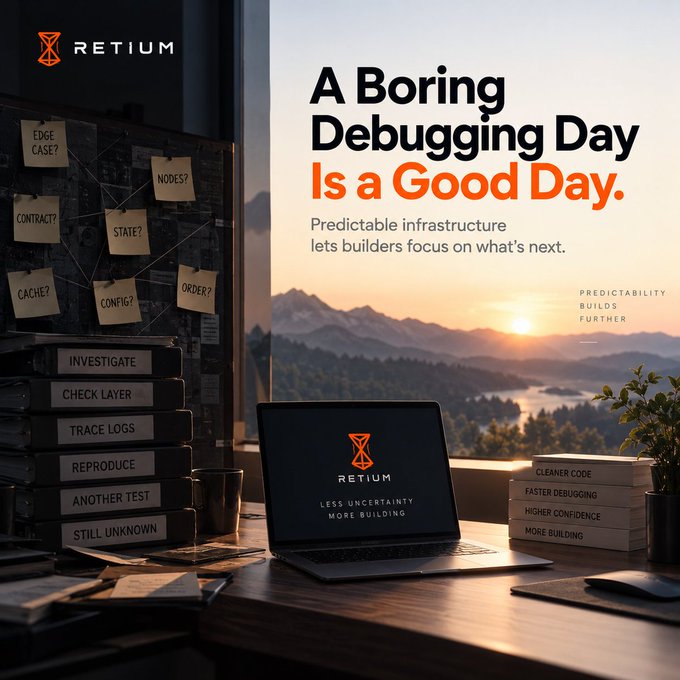 A promotional image for RETIUM with the tagline 'A Boring Debugging Day Is a Good Day' featuring a laptop, sticky notes listing debugging questions like 'EDGE CASE?' and 'CACHE?', and books about debugging.