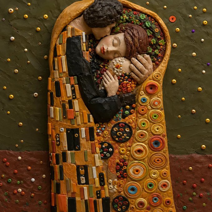 A sculptural recreation of Gustav Klimt's "The Kiss," featuring two embracing figures made of textured materials with golden and patterned designs.